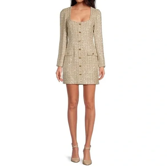 Gianni Bini Lissy Sequin Tweed Long Sleeve Button Front Mini Dress Champagne NEW - Picture 7 of 12